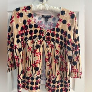 Designers Originals Cardigan Sweater Petite Small Flowers Dots Tan Black Red